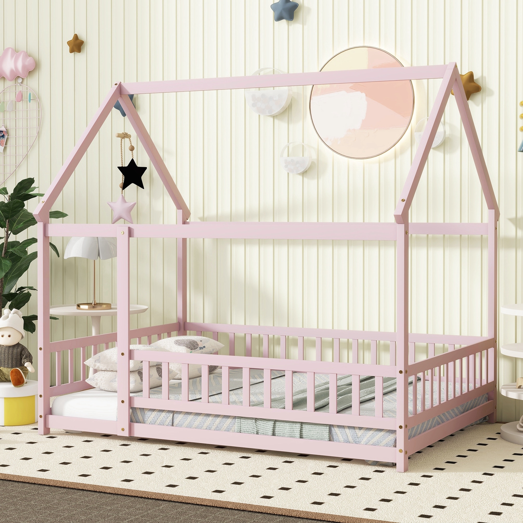 Full Size House Floor Wooden Bed with Roof Frame