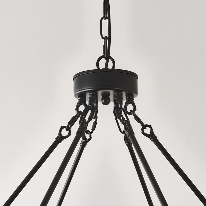 Black Wagon Wheel Chandelier with Glass Shades Adjustable Farmhouse Pendant Light for High Ceilings