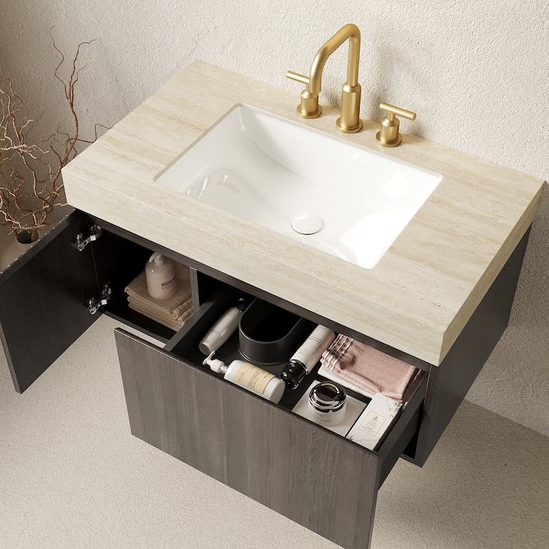 Floating Bathroom Vanity with Undermount Ceramic Basin with 3 Pre-drilled Faucet Holes