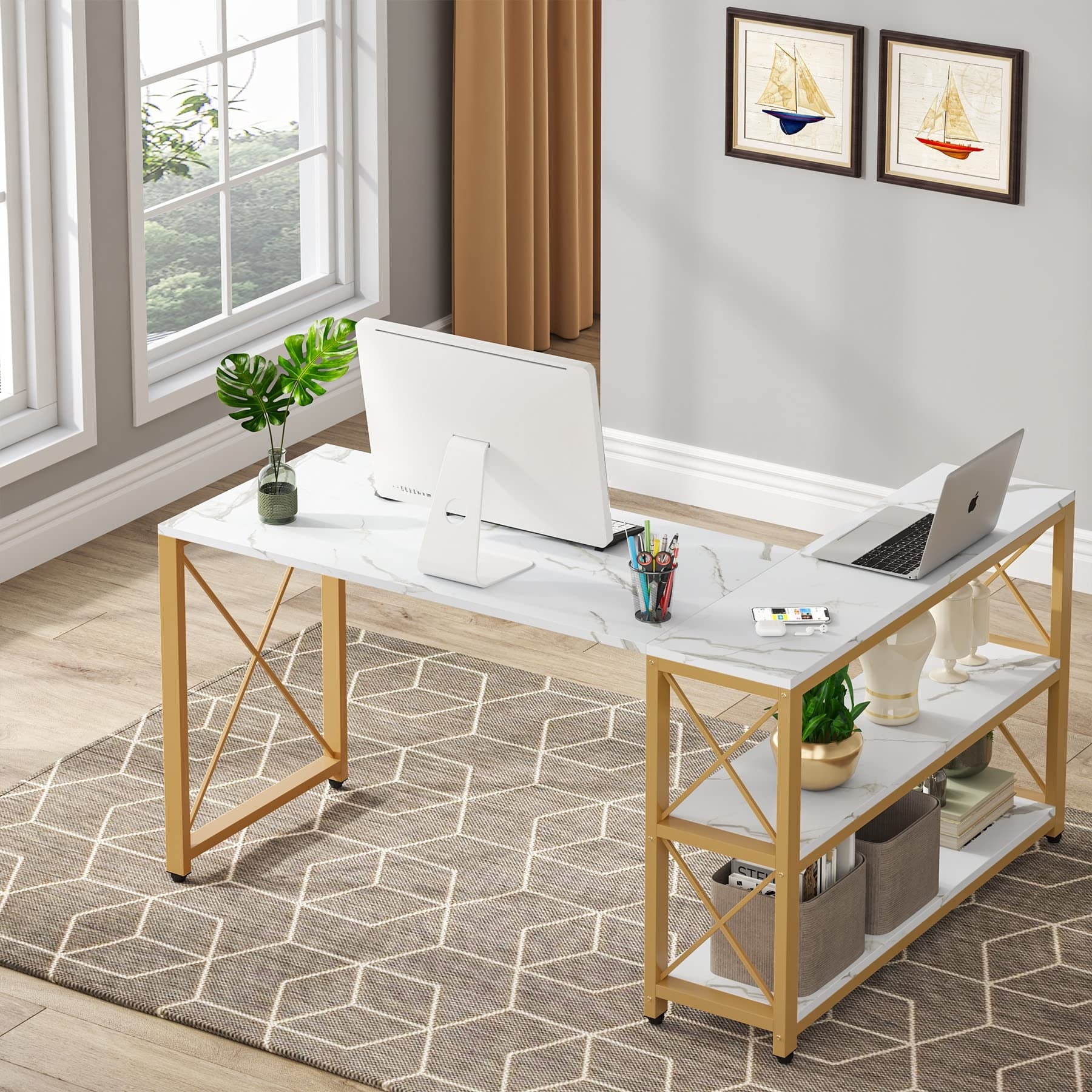 L shaped desk outlet white and gold