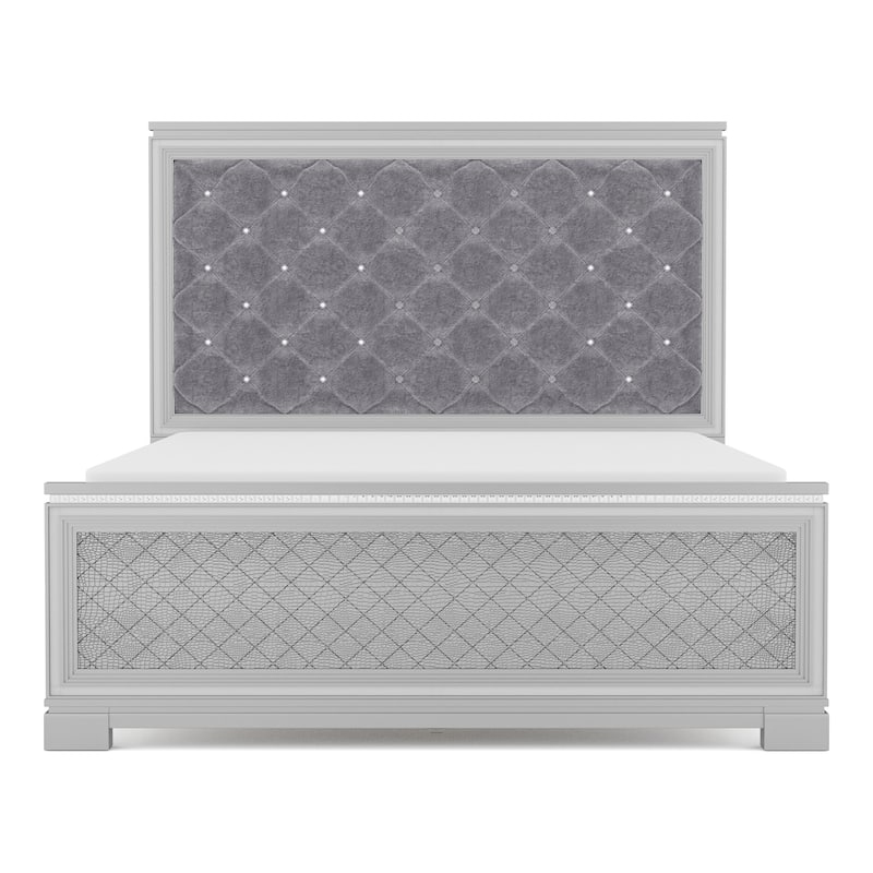 Seleena Glam Silver Fabric Upholstered Panel Bed with Button-Tufted by Furniture of America