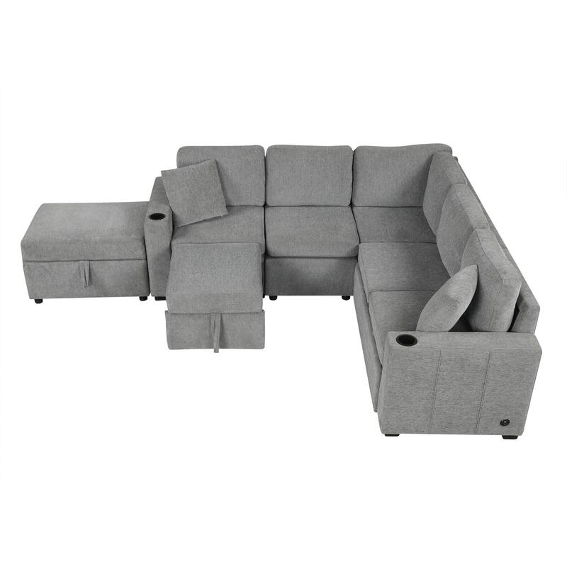 Convertible Sectional Sofa with Pull-out Sofa Bed and Dual Cup Holders