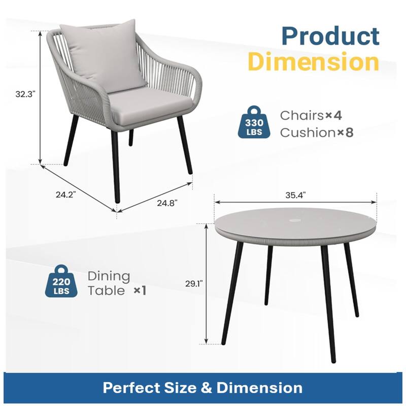 5-Piece Twisted Rattan Patio Dining Table Set with Umbrella Hole