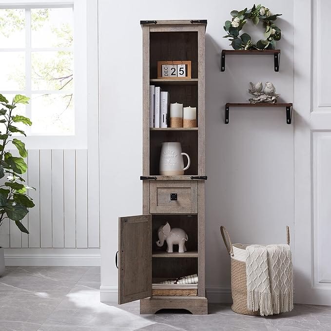 Farmhouse Bathroom Storage Cabinet, Storage Cabinet, Tall Linen Tower - Grey