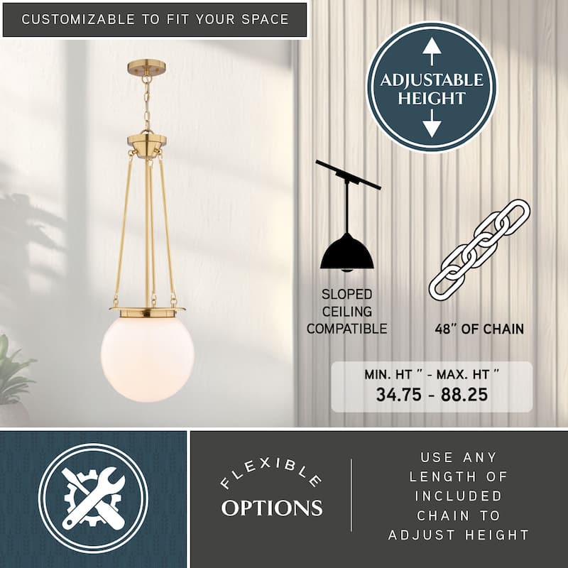 VAXCEL Kent 1-Light 11.75 in. Wide Globe Mini Pendant with White Frosted Opal Glass Shade, Hanging Ceiling Fixture