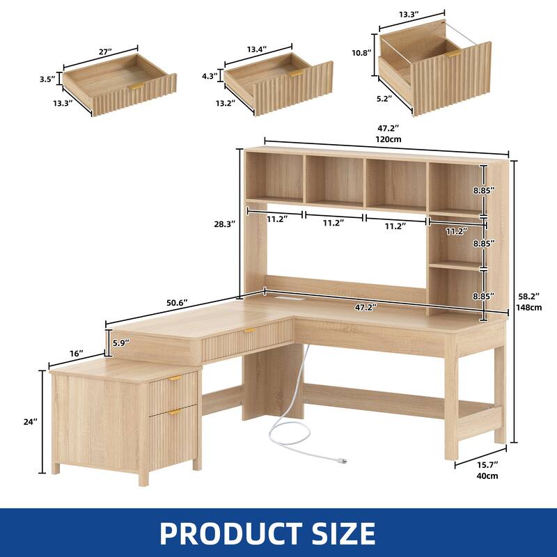 Moasis L Shaped Computer Desk with Hutch and Drawers Home Office Desk w/LED Light and Power Outlets