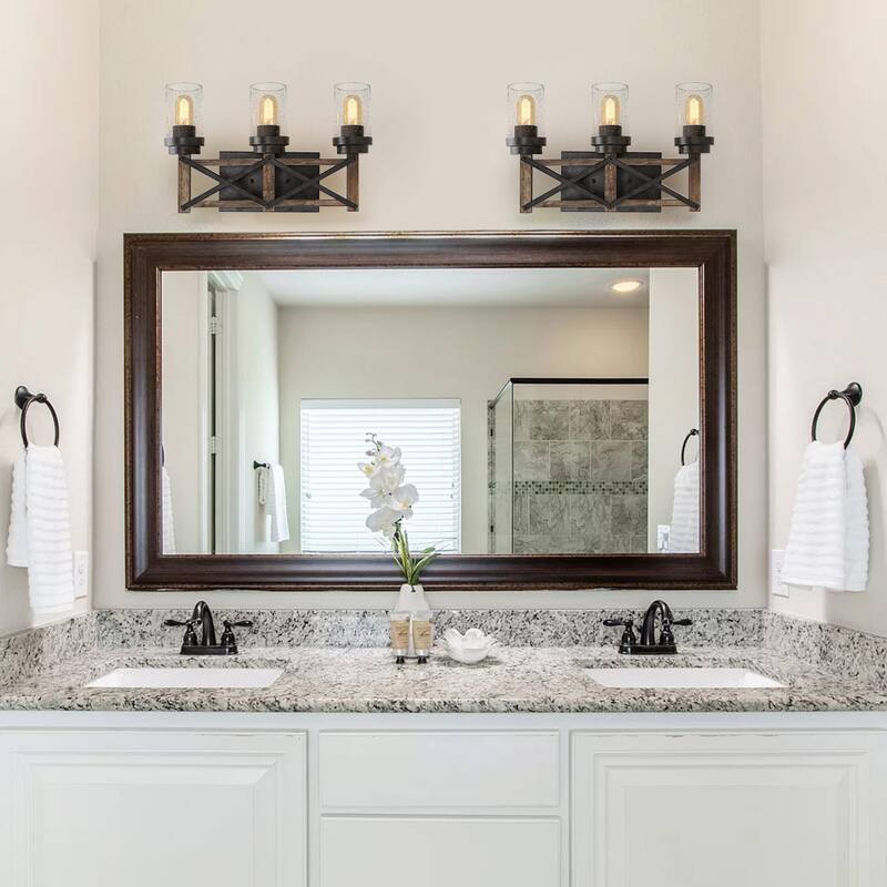 Farmhouse 3-Light Distressed Wood Bathroom Vanity Light Linear Wall Sconces with Cylinder Glass - 18.9" L x 6.3" W x 11.8" H