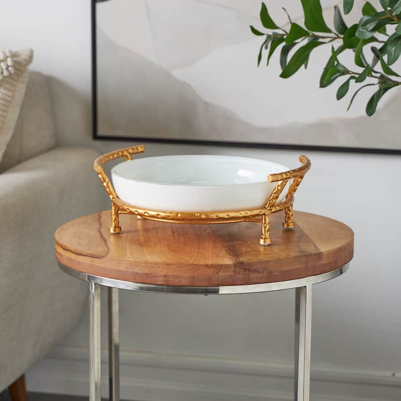 Tempered Glass Kitchen Serving Bowl with Gold Metal Stand - White - Roche River Decor - 12"W x 15"L x 5"H