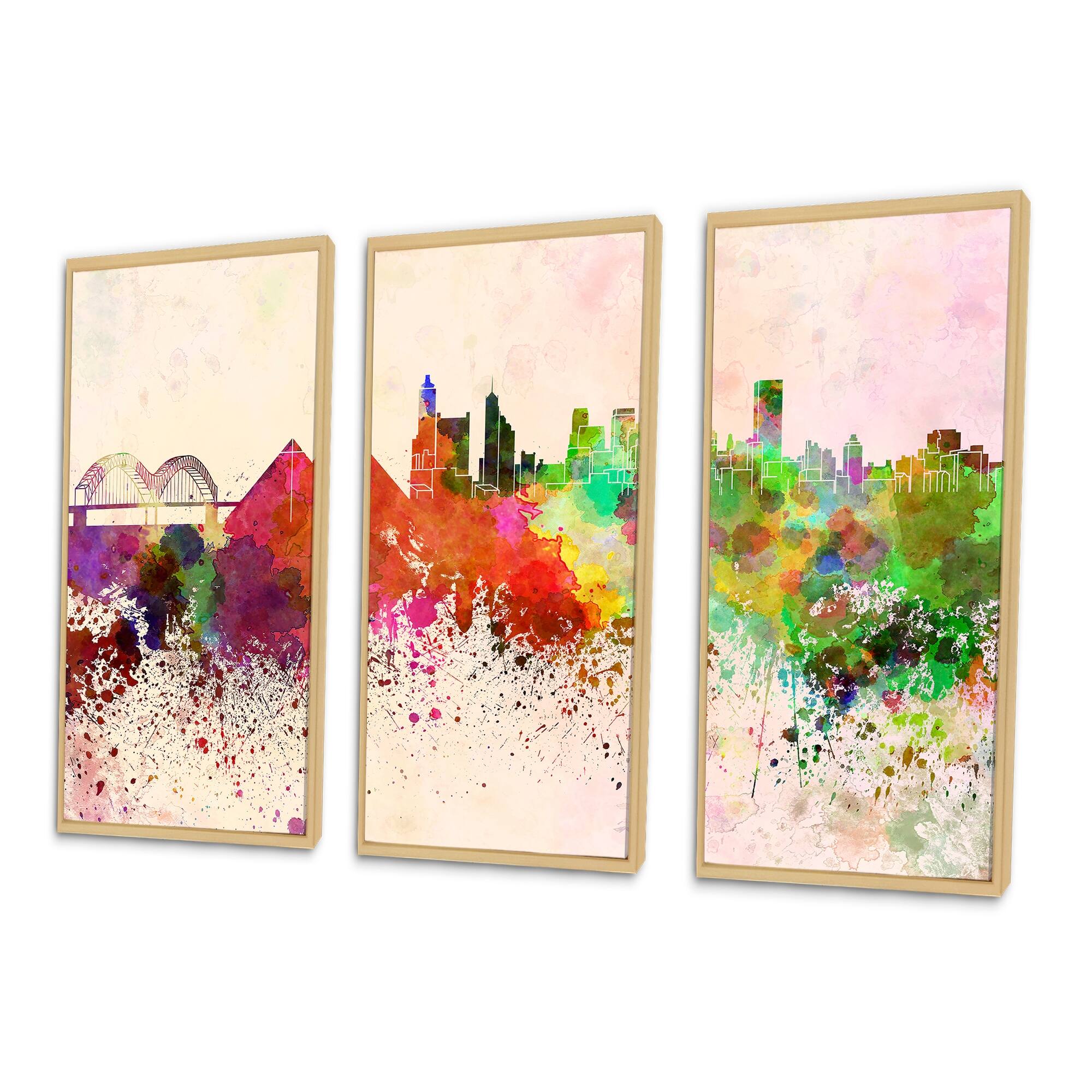 Designart "Memphis Skyline" Cityscape Framed Wall Decor Set of 3 4 Colors of Frames Bed Bath