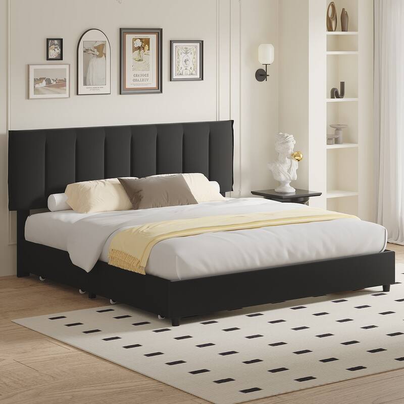Black Bed Frame with 4 Storage Drawers, Upholstered Platform Bed Frame with Adjustable Headboard