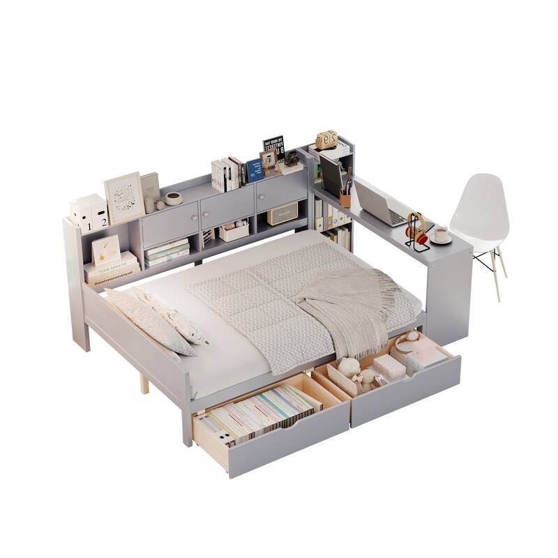 Wooden L Shaped Daybed with Bookcase and 2 Drawers, Multi-functional Corner Platform Sofa Bed Frame with Built In Desk