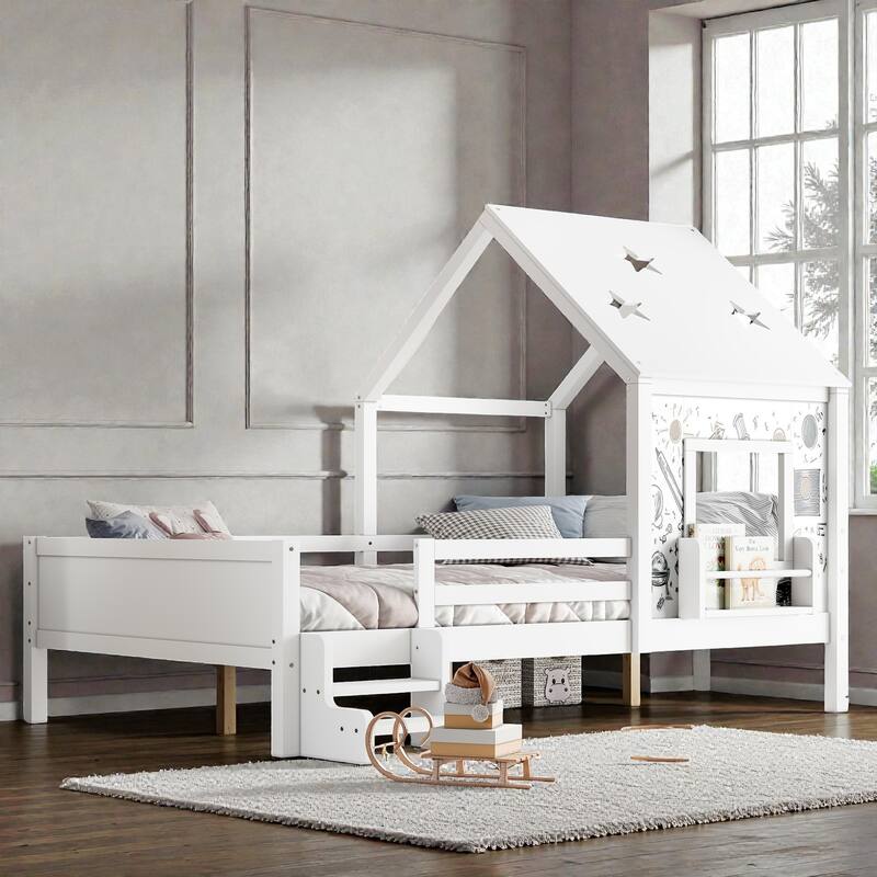 Kids House Platform Bed with Stairs, Star Roof, Window, Bookcase & Blackboard, Solid Wood Low Profile Bed No Box Spring