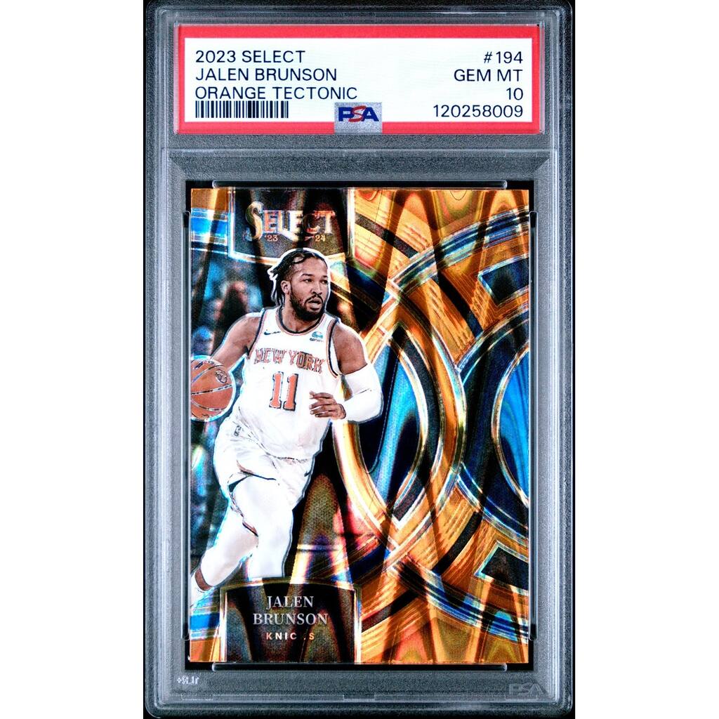 Jalen Brunson 2023 Panini Select Orange Tectonic Basketball Card #194 Graded PSA 10 Cert # 120258009 - 8' x 11'