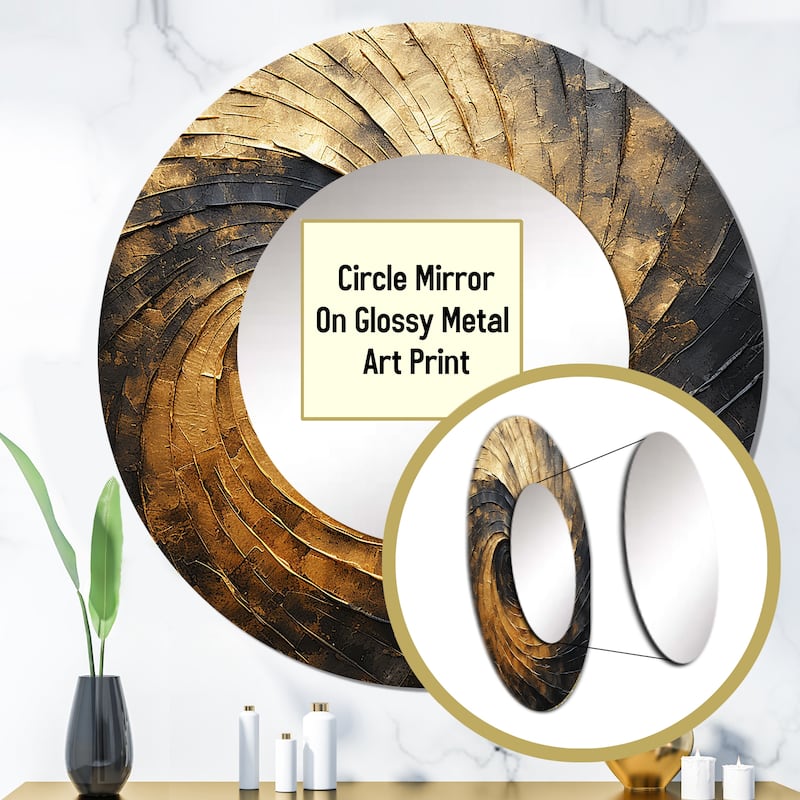 Designart "Gold Black Spiral Poteries I" abstract spirals Living Room Mirror - gold Modern Round Mirror