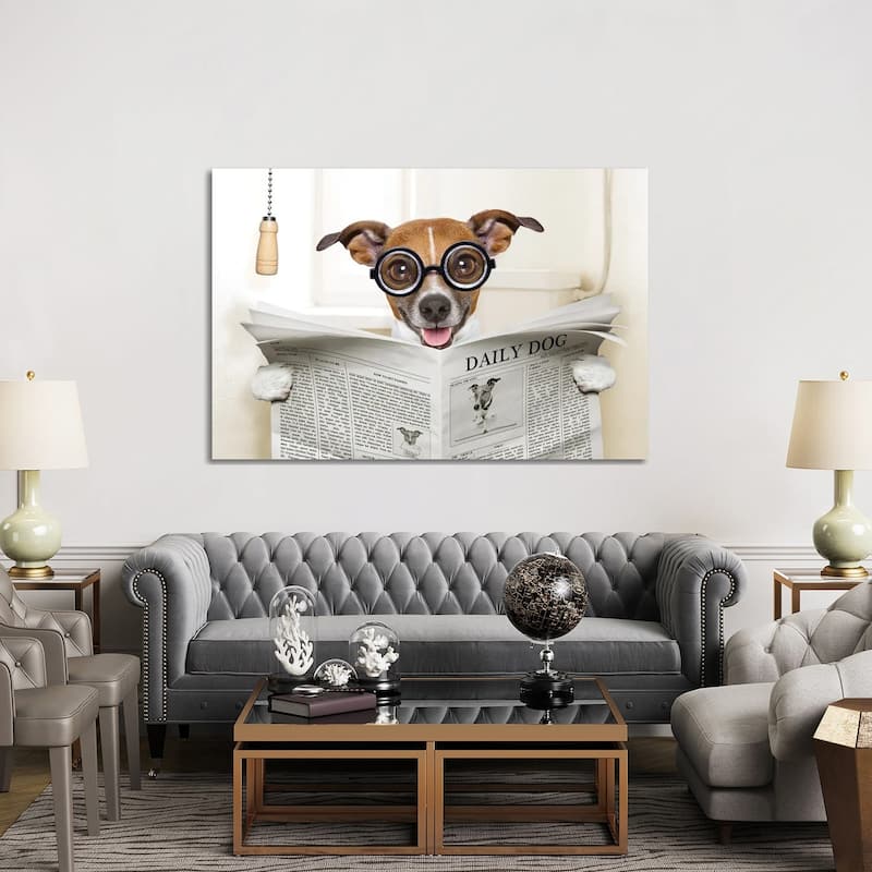iCanvas "Dog On Toilet Seat Reading Newspaper IV" by damedeeso Canvas Print