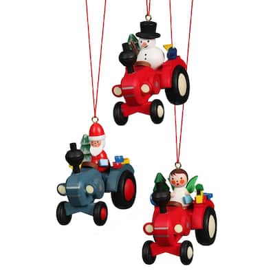 Set of 6 Red, Black, and Blue Assorted Tractors Collectible Christian Ulbricht Ornaments, 2.5"