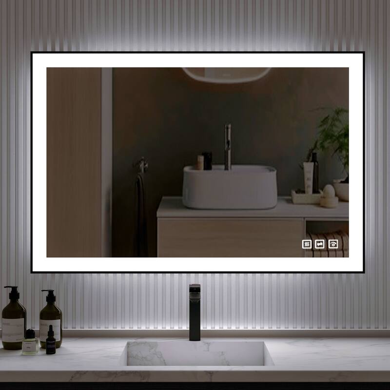 Organnice Rectangular Framed LED Anti-Fog Bathroom Wall Mirror in Black with Backlit and Front Light - 48"*32"