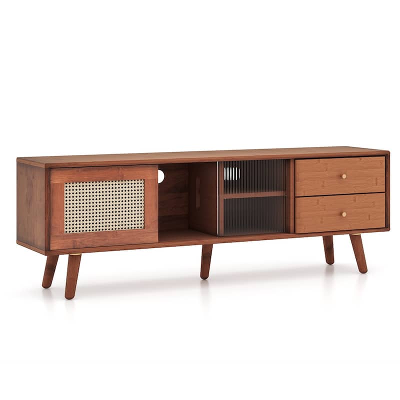 Wood Rattan Glass TV Stand with Drawers and Adjustable Shelves - 55" x 12" x 18" - Brown