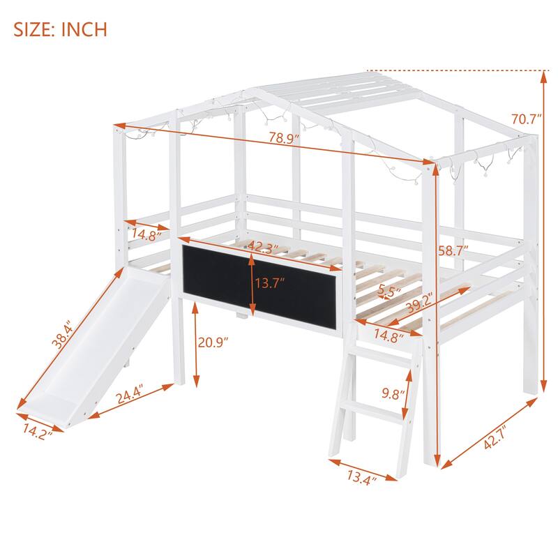 Twin Size Loft Bed with Ladder and Slid, House Bed Frame with Blackboard and Light Strip, Space-Saving Bed No Box Spring Needed