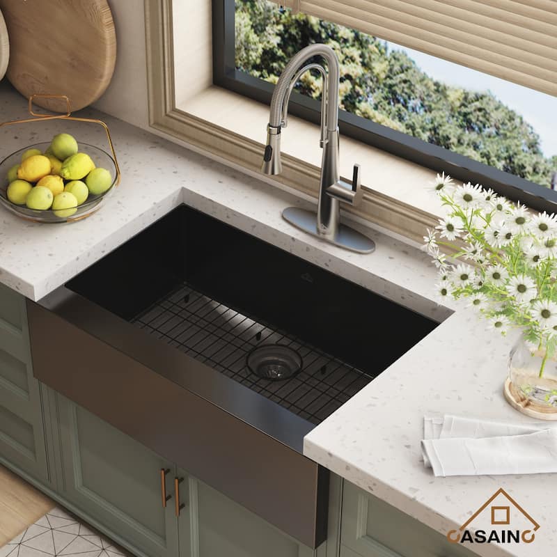Handmade Stainless Steel 18-Gauge Single Bowl Farmhouse Apron Kitchen Sink in Nano PVD with Bottom Grid and Basket Strainer - 33" x 22" x 10"