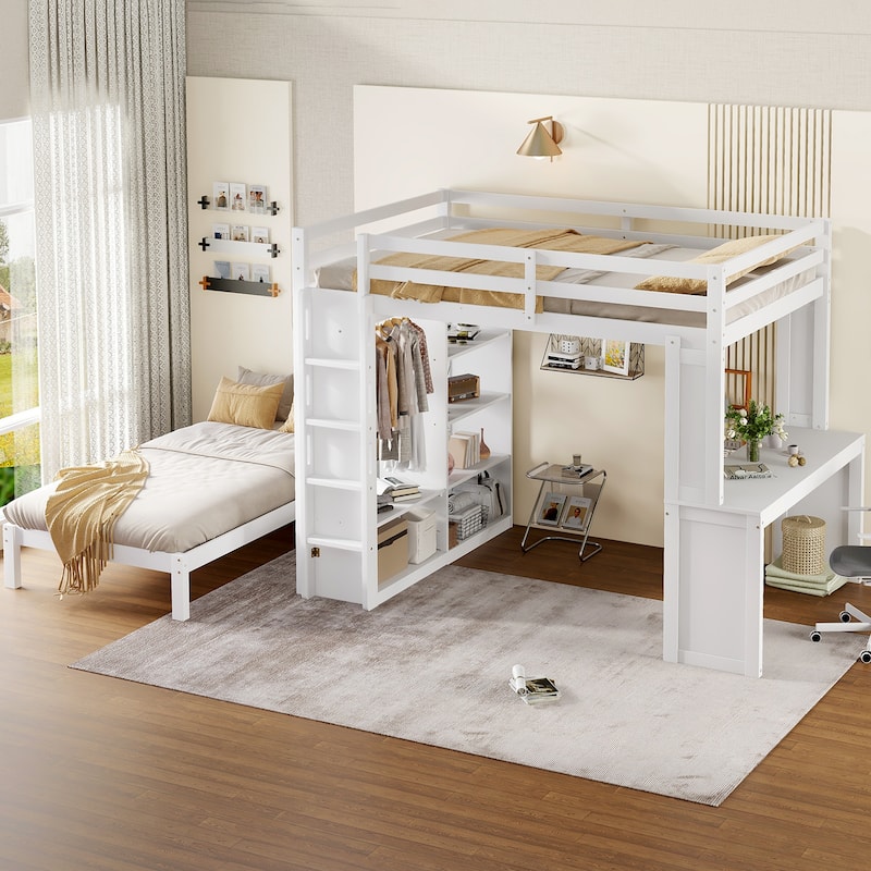 Queen Size Loft Bed & Twin Size Platform Bed Set, Wood Bunk Bed with Built-in Desk, Open Shelves and Wardrobe, Queen Over Twin
