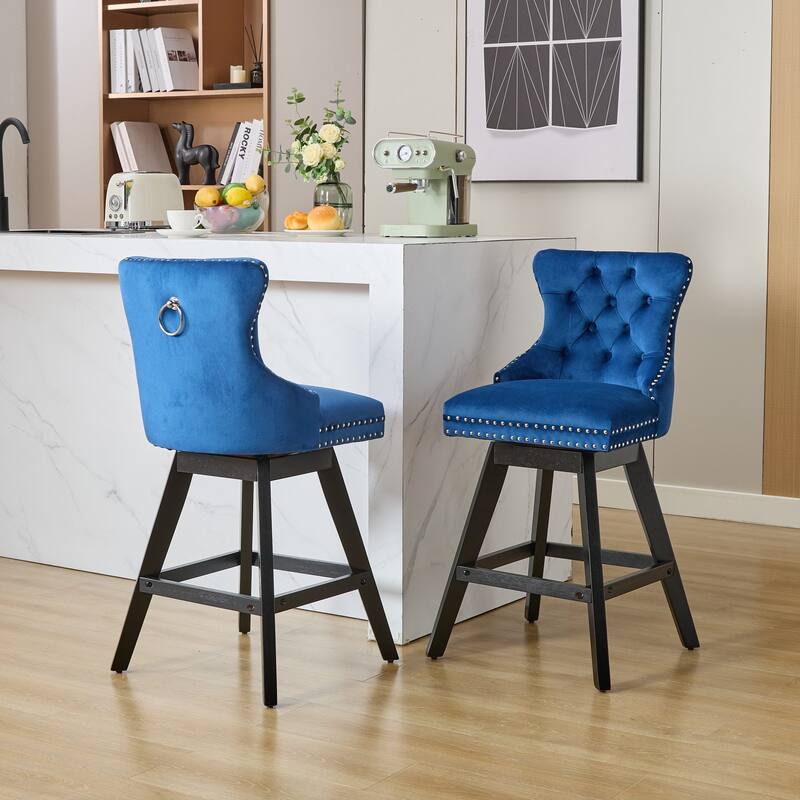 Swivel Bar Stools Set of 2, Velvet Counter Height Barstools with Wooden Legs, Kitchen Island Chairs with Button Backrest - Blue