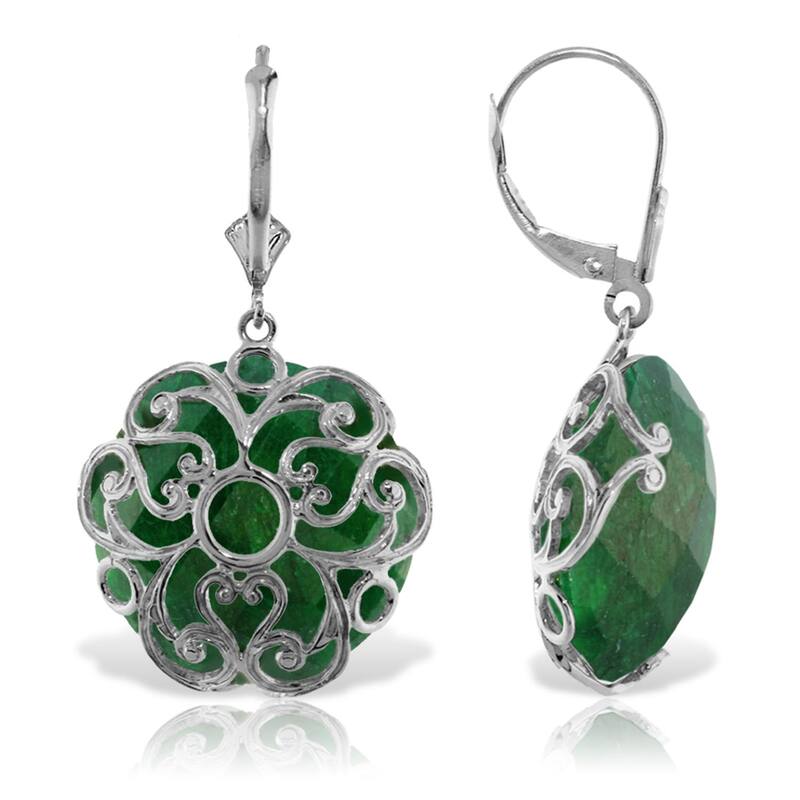14K Solid Gold Earrings w/ Checkerboard Cut Round Dyed Green Sapphires