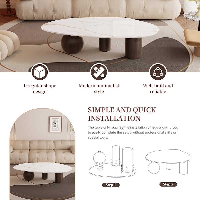 54" Modern Coffee Table, Whitet Glossy Sintered Stone Table-top, 3 Steel legs with wood texture