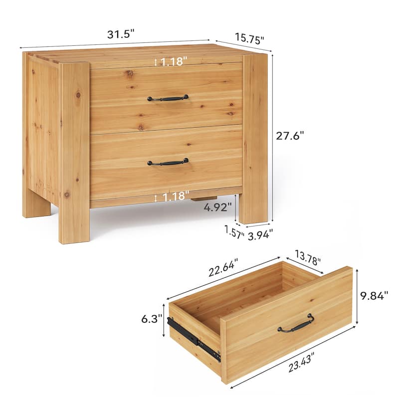 2 Drawer Solid Wood Nightstand Bedside Table with Storage