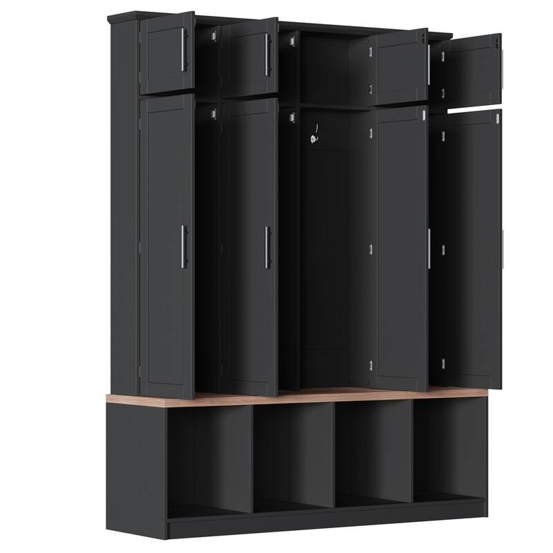 Farmhouse Hall Tree with 4 Hidden Hanging Hooks, Versatile Entryway Bench with 8 Doors, Shoe Cabinet with Open Compartments