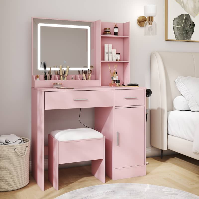 Makeup Vanity Set, Vanity Desk with Stool, LED Light Mirror and Charging Station