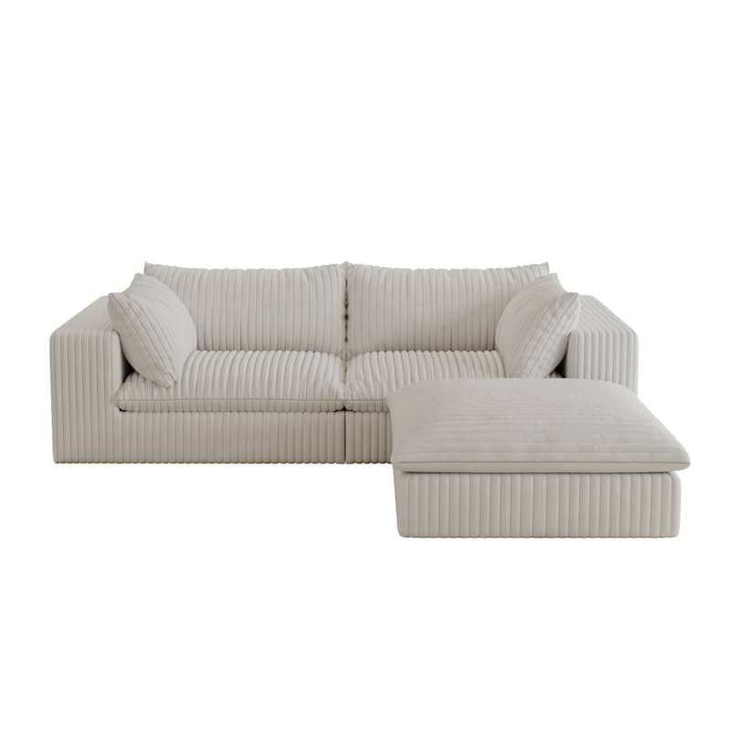 Corduroy Loveseat & Ottoman Set, L-shaped Sectional Sofa with Double-layer Seat Cushions, Modular Chaise Lounger Couch