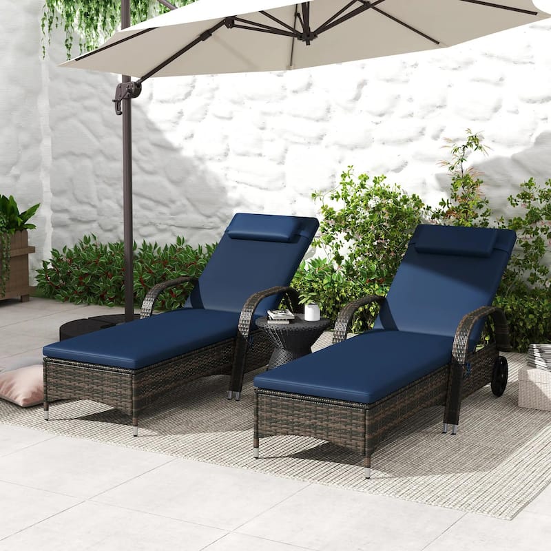 Reclining Chaise Lounge Set of 2, Outdoor Chairs,Cushion,Pillow,Wheels