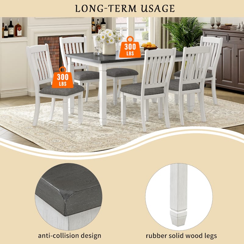 7 Piece Dining Table Set, Wooden Kitchen Furniture Set with Rectangle Table and 6 Upholstered Chairs with Shaped Legs