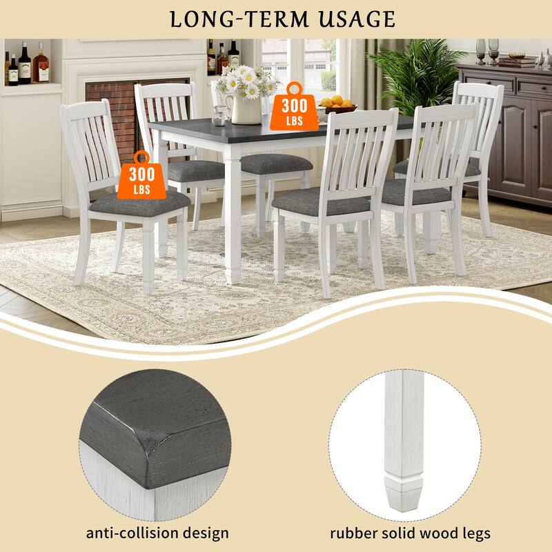 7-Piece Dining Table Set with Slat Back Upholstered Chairs, Wood Dining Table Set with Shaped Legs for Kitchen & Dining Room