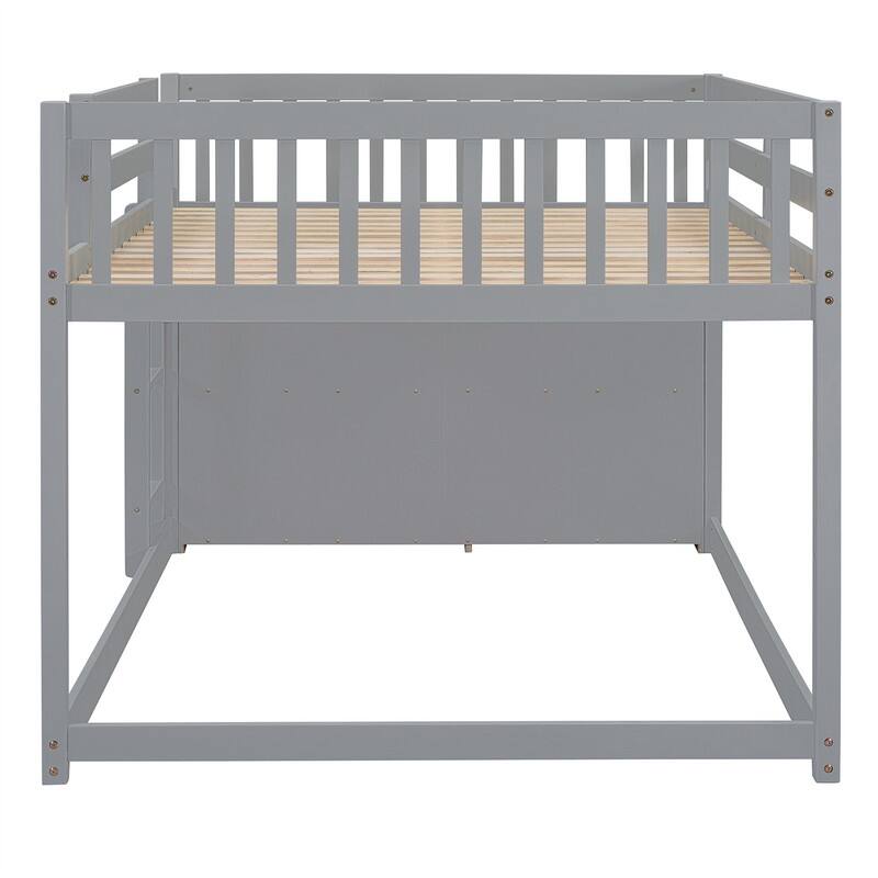 Twin Over Twin/Full Over Full Floor Bunk Bed with Drawers and 3 Storage Shelves, Solid Wood Low Bunk Bed Frame with Ladder