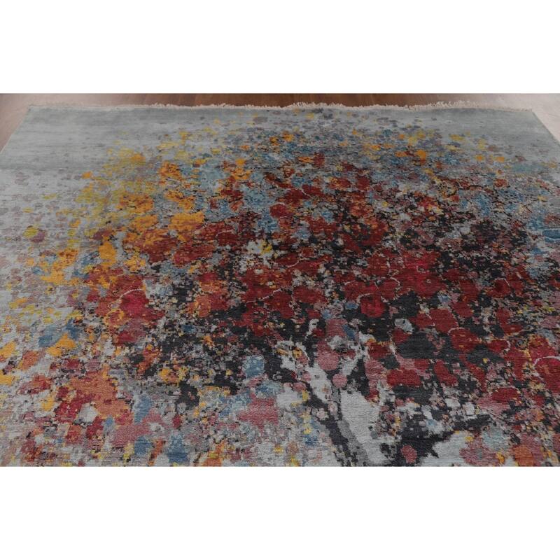 Hand Knotted Oriental 100% Silk Carpet Modern Floral Greys & Charcoal Abstract Area Rug - 10' 3'' X 8' 0''