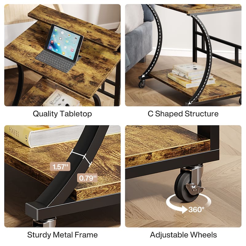 Industrial 2-Tier Mobile End Side Table - Locking Casters
