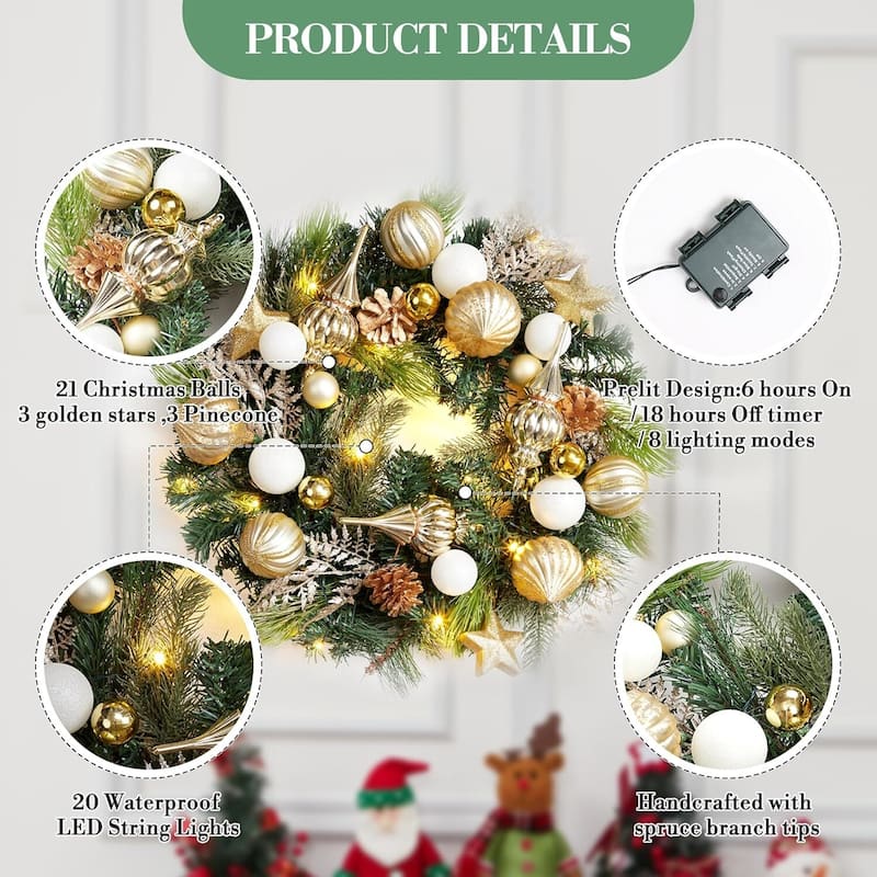 24" Pre-Lit Gold Artificial Christmas Wreath for Front Door - N/A