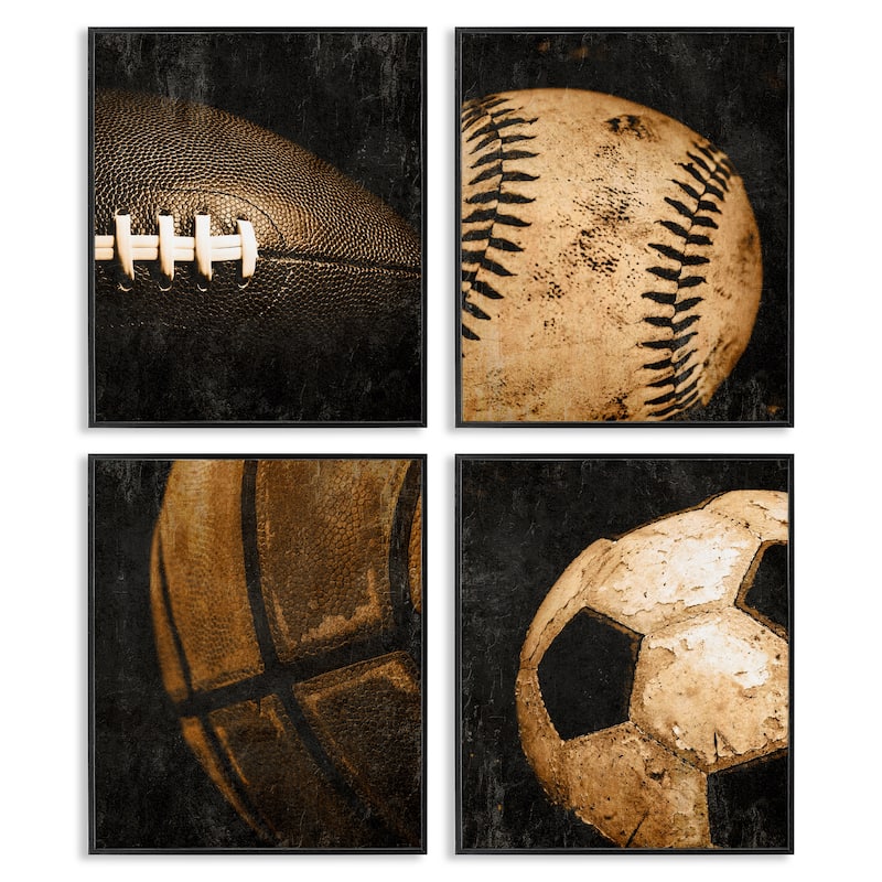 Stupell Distressed Vintage Sports Balls Framed Giclee Art Design By Kim Allen (Set of 4) - 11 x 14 - Black