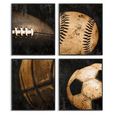 Stupell Distressed Vintage Sports Balls Framed Giclee Art Design By Kim Allen (Set of 4)