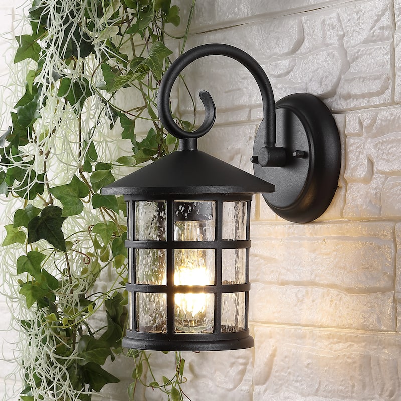 Plains 6" 1-Light Iron/Seeded Glass Cottage Rustic Scrolled Lantern LED Outdoor Lantern, Black (Set of 2) by JONATHAN Y
