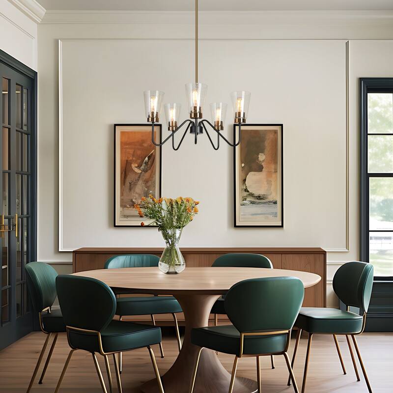 Ivelle Modern 5-Light Black Gold Wheel Chandelier Seeded Glass Pendant Lights for Dining Room - 22 “