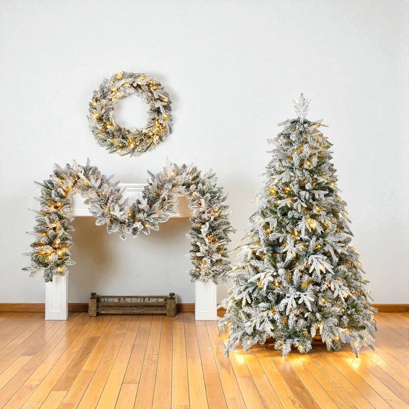 3-Piece Flocked Christmas Decor Set with Lights, 6FT Tree, 9FT Garland and Wreath, Snowy LED Holiday Display