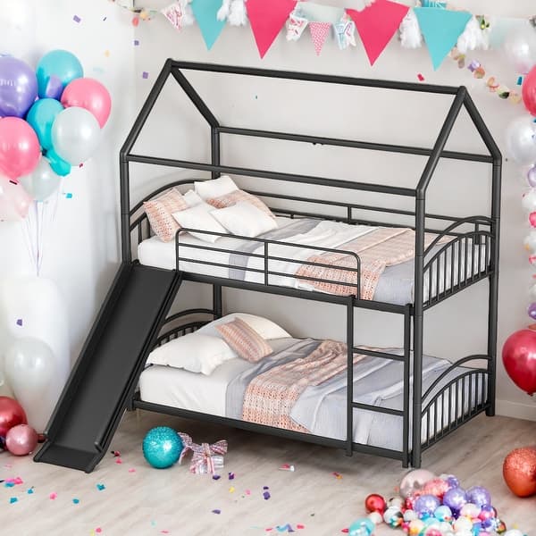 slide 2 of 31, 2 In 1 Multifunction Twin Over Twin Metal Bunk Bed With Slide Black