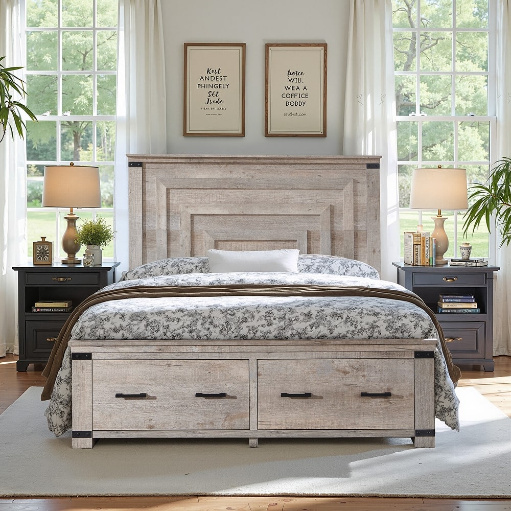 Farmhouse Queen Size Bed Frame w/ 54" Tall Headboard & 2 Large Drawers