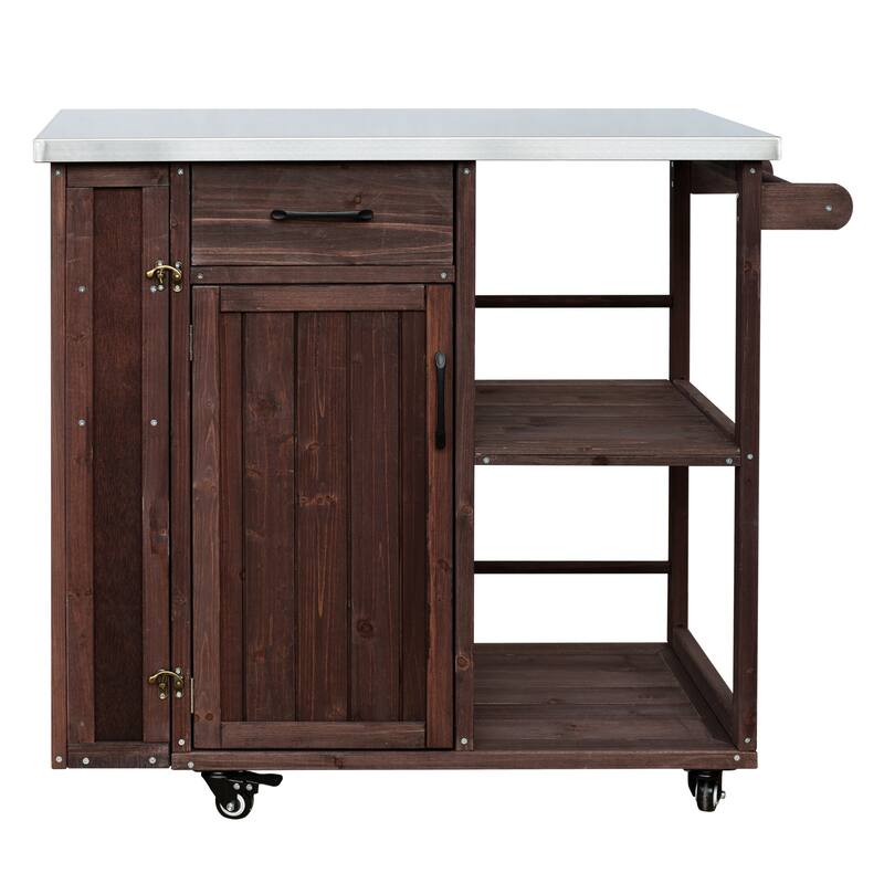 Outdoor Fir Wood Kitchen Island Prep Station with Stainless Top, Ample Storage Space, Towel and Spice Racks