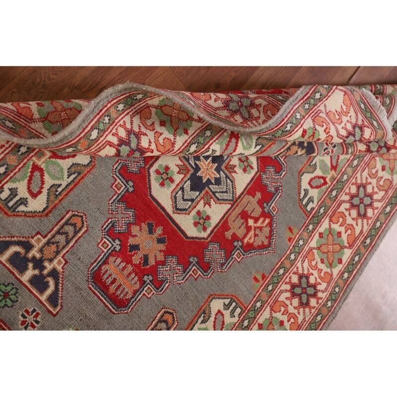 Gray Geometric Kazak Oriental Accent Rug Handmade Wool Carpet - 3'4"x 4'10"