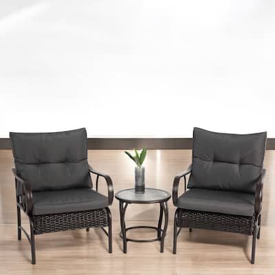 3-Piece Outdoor Wicker Patio Set with Cushions and Coffee Table – Furniture Set/Chair Set for Patio, Garden, or Poolside