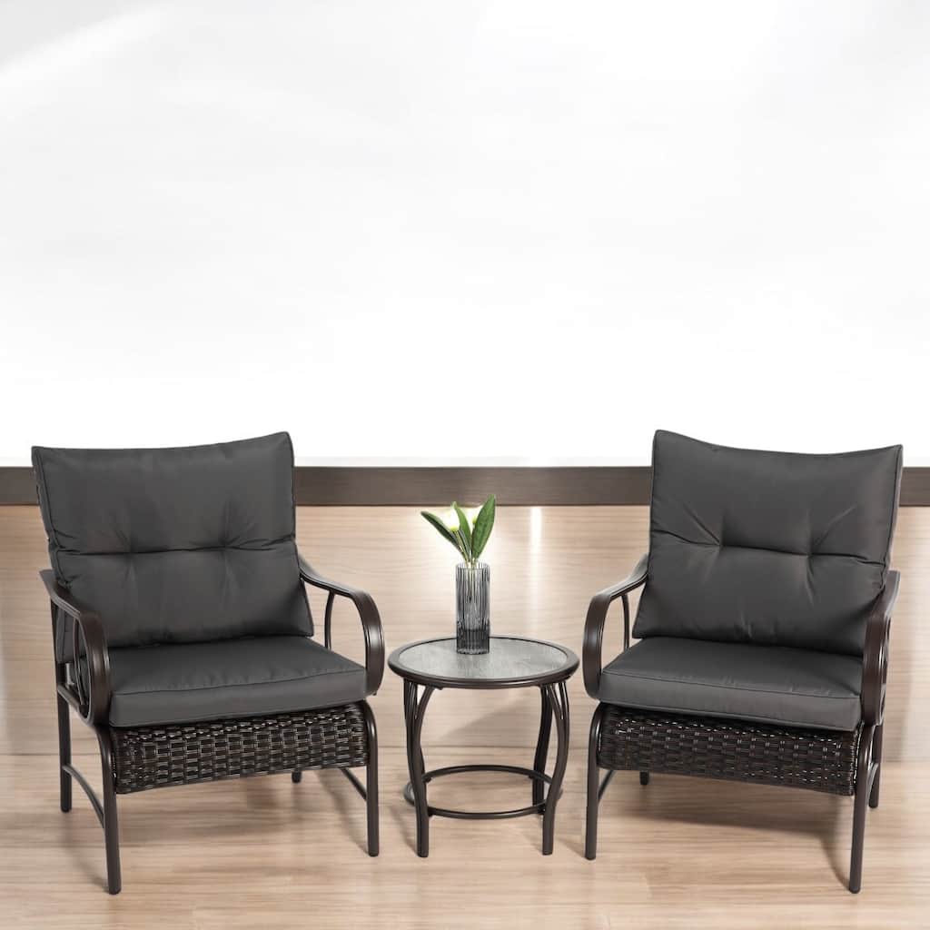 3-Piece Outdoor Wicker Patio Set with Cushions and Coffee Table – Furniture Set/Chair Set for Patio, Garden, or Poolside